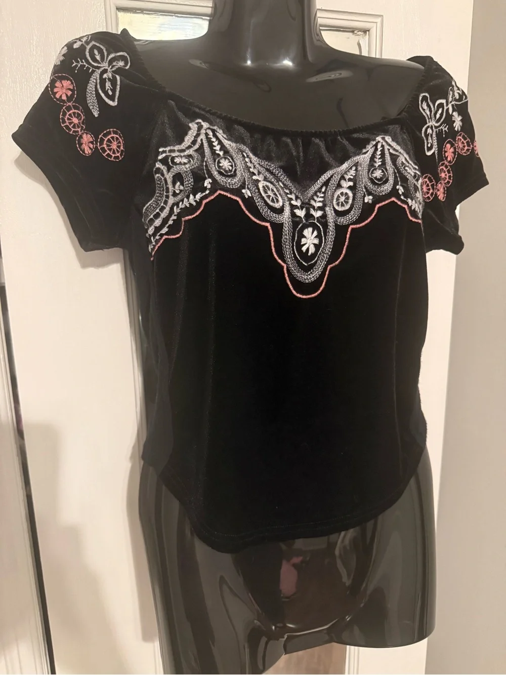 Free People Party Train Black Velvet Embroidered Boho Top Size XS